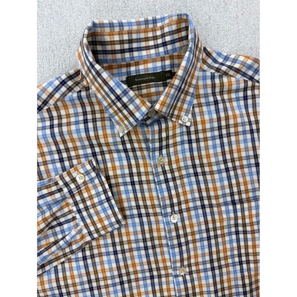 Ermenegildo Zegna Mens XXL Plaid Button Down Shirt Blue Orange Cotton LS